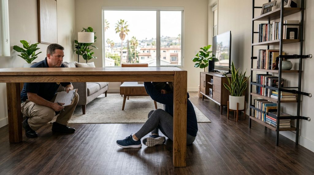 Person practicing earthquake safety by taking cover under a sturdy wooden table while another individual observes with a clipboard in a bright living room featuring modern furniture, plants, and large windows overlooking a residential area.