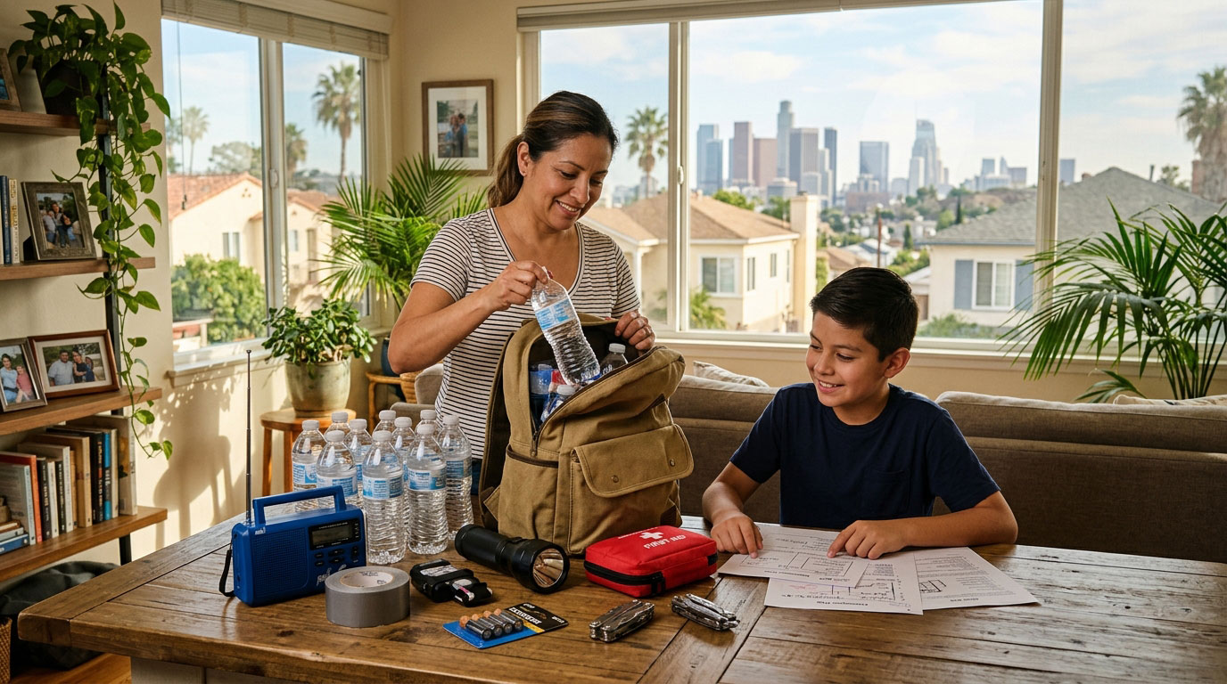 Los Angeles earthquake preparedness supplies and emergency kit arranged inside a home