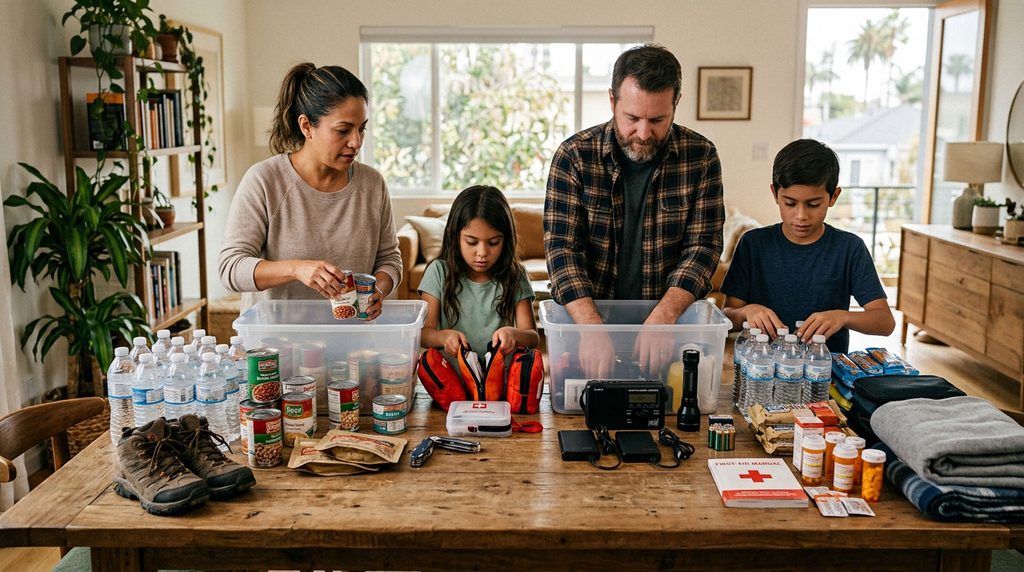 Family preparing an earthquake emergency kit in a Los Angeles home