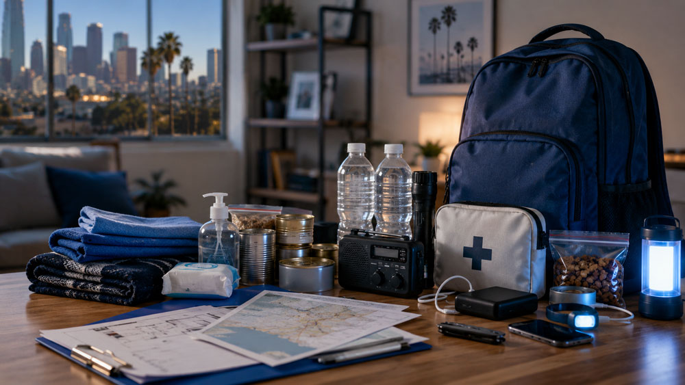 Emergency preparedness kit arranged on a wooden table in an apartment with a city skyline visible through the window, including a backpack, bottled water, canned food, flashlight, first aid kit, blankets, maps, and other survival essentials.